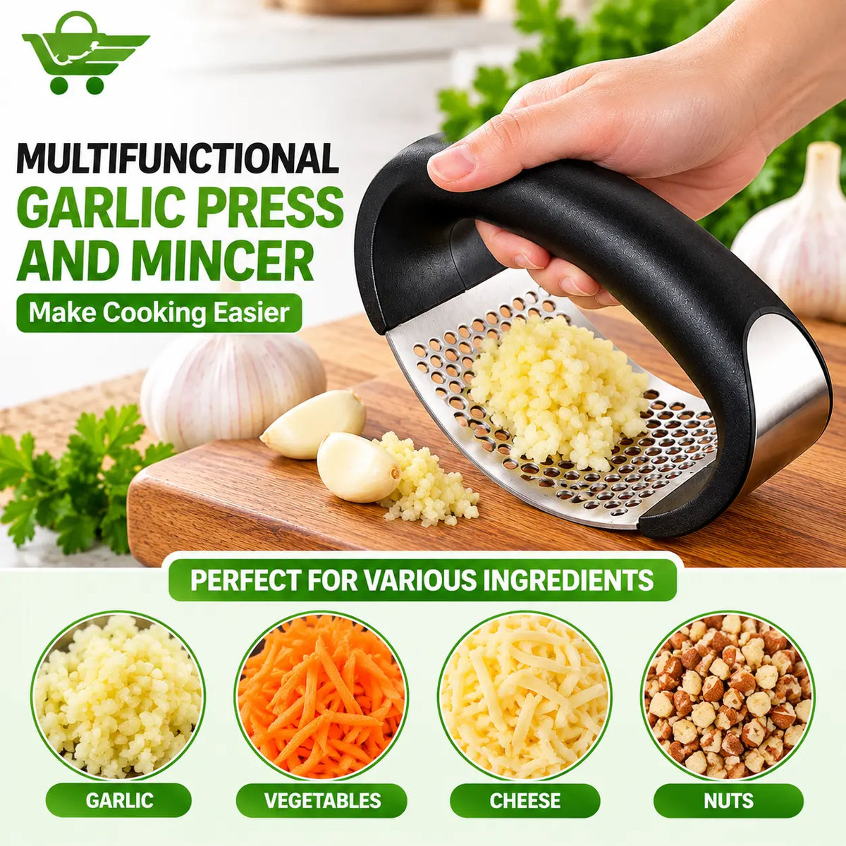 Premium Stainless Steel Garlic Press & Rocker Crusher Levbuy