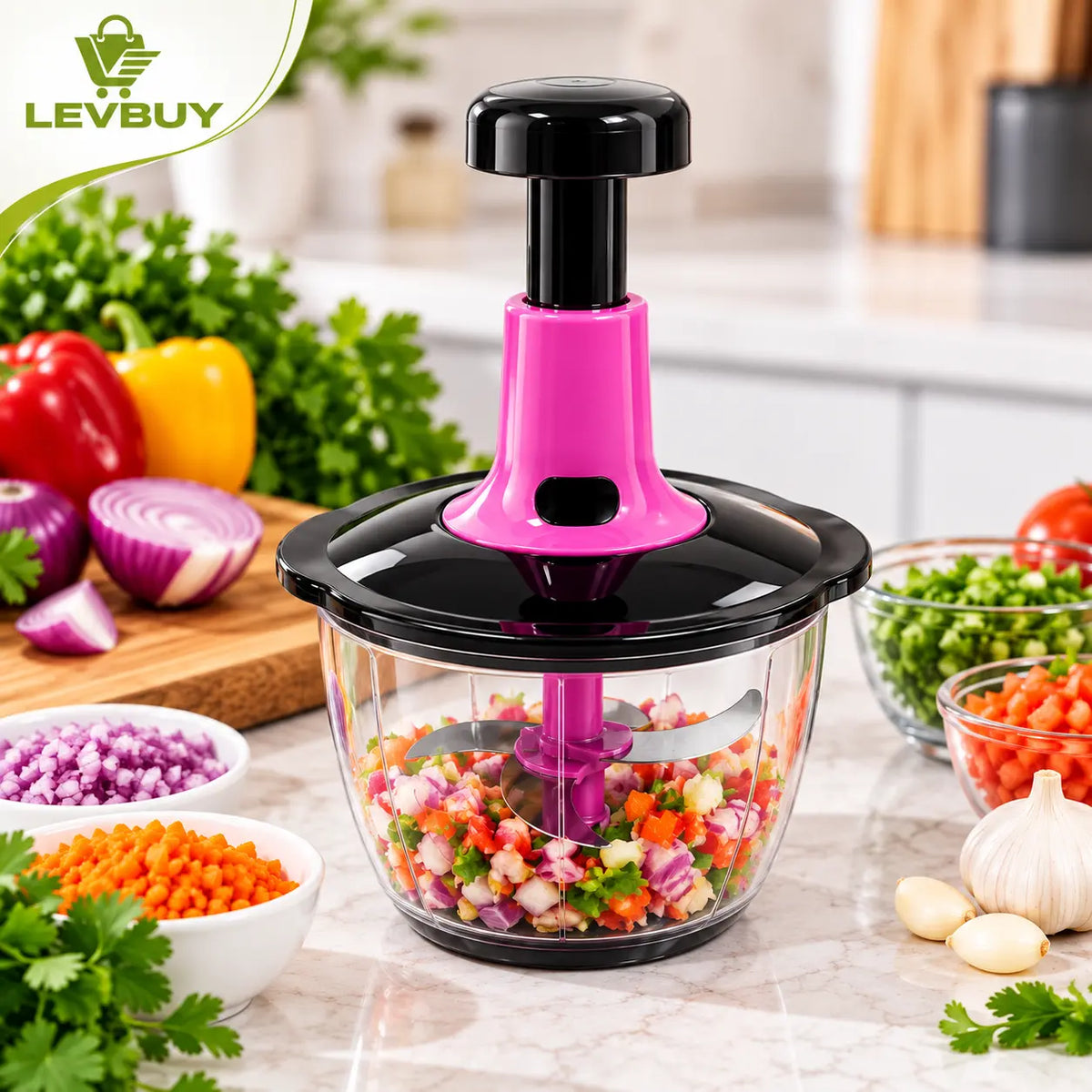 1.5L Manual Food Chopper – Hand Press Vegetable Cutter, Onion & Garlic Mincer, Kitchen Blender for Fast Food Preparation Levbuy