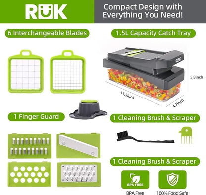 RüK 10-in-1 Vegetable Chopper with 6 Interchangeable Blades & Container