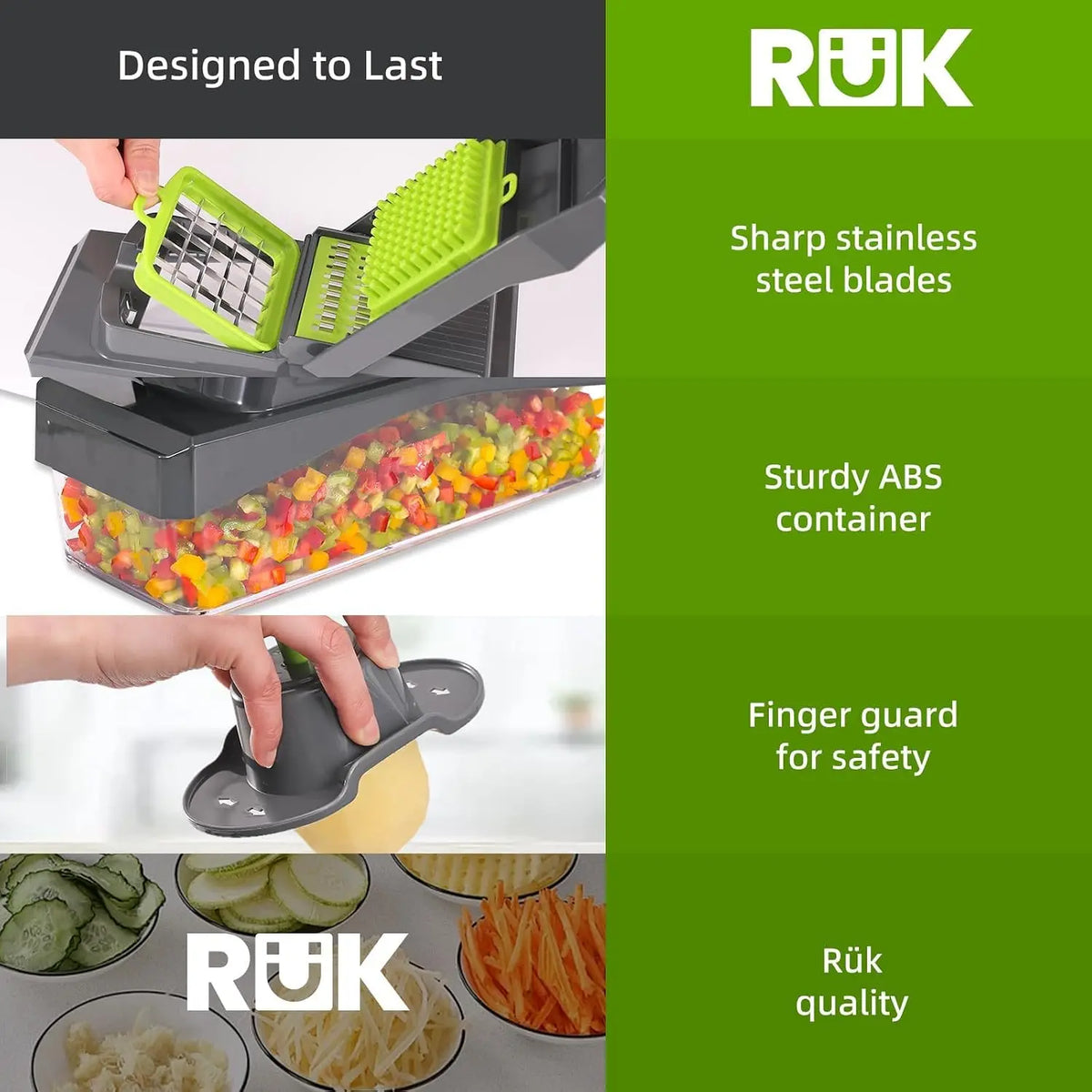 RüK 10-in-1 Vegetable Chopper with 6 Interchangeable Blades & Container