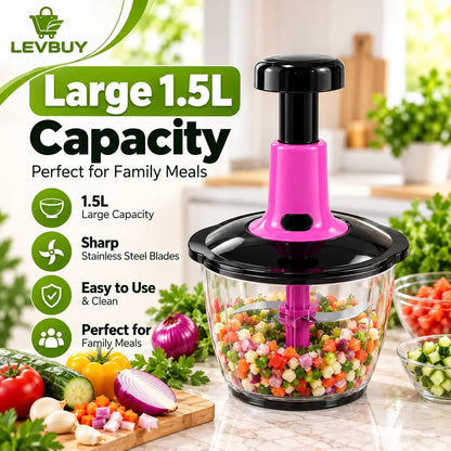 1.5L Manual Food Chopper – Hand Press Vegetable Cutter, Onion & Garlic Mincer, Kitchen Blender for Fast Food Preparation Levbuy