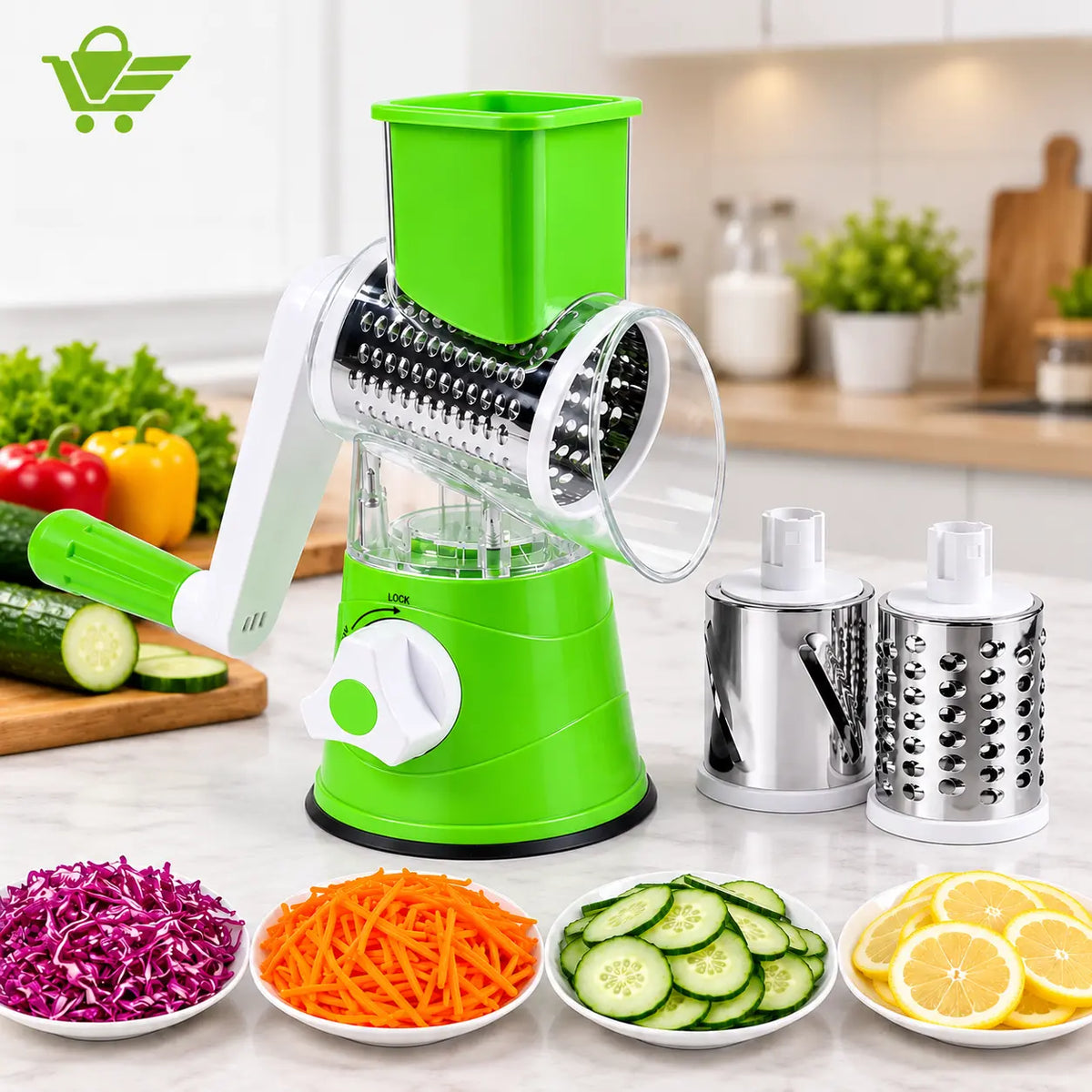 Derovan 3-in-1 Rotary Vegetable & Cheese Grater – 3 Blade Set